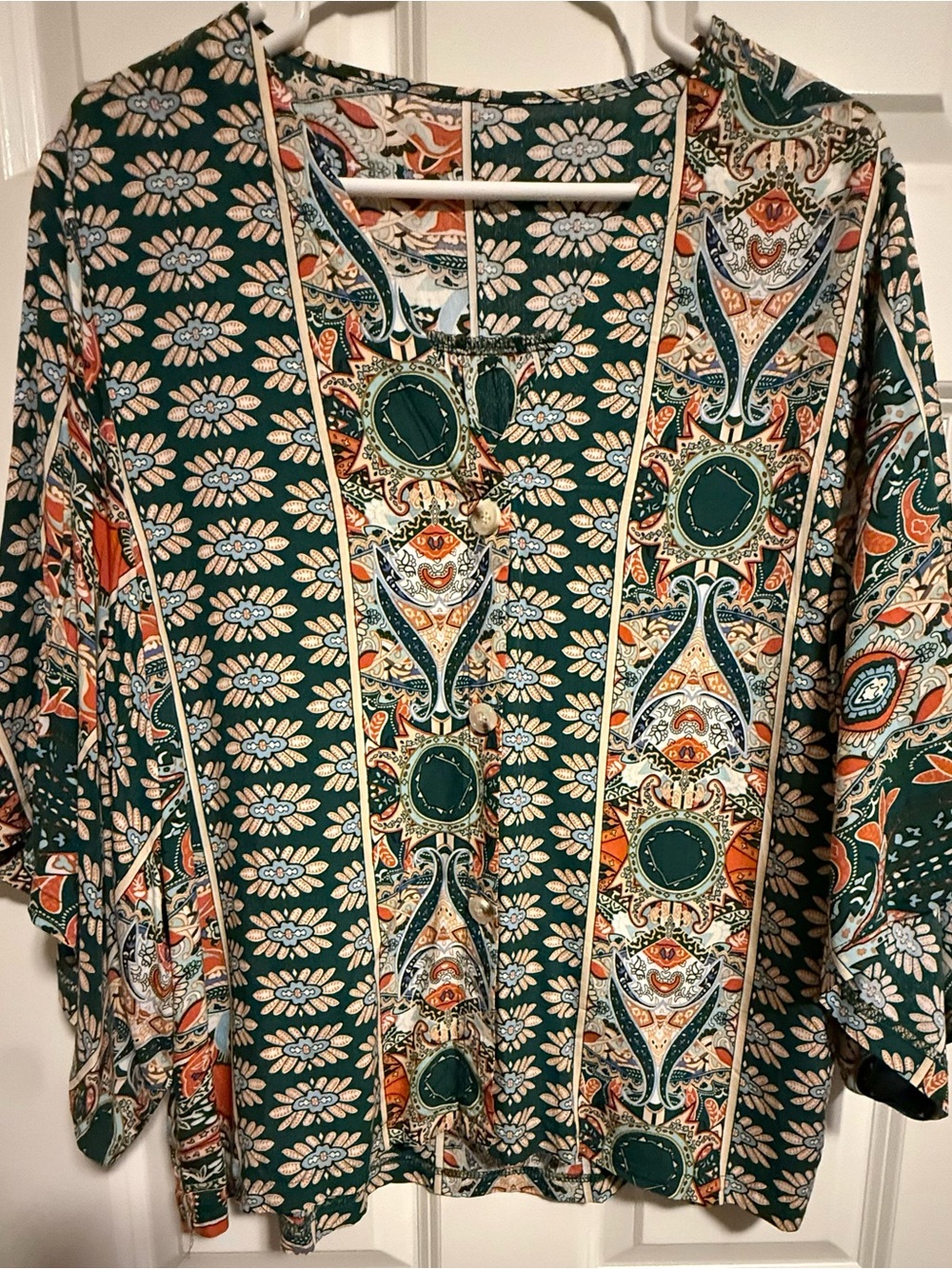 Bohemian Printed Button-Front Blouse in Teal & Rust